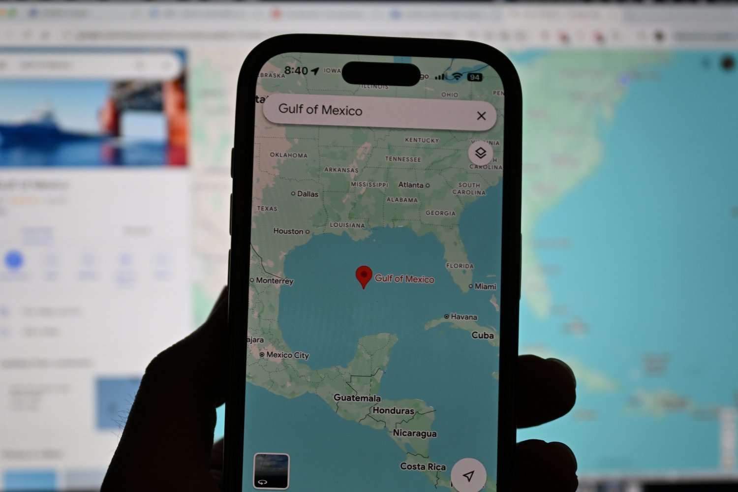 Google Maps on a smartphone displaying the Gulf of Mexico