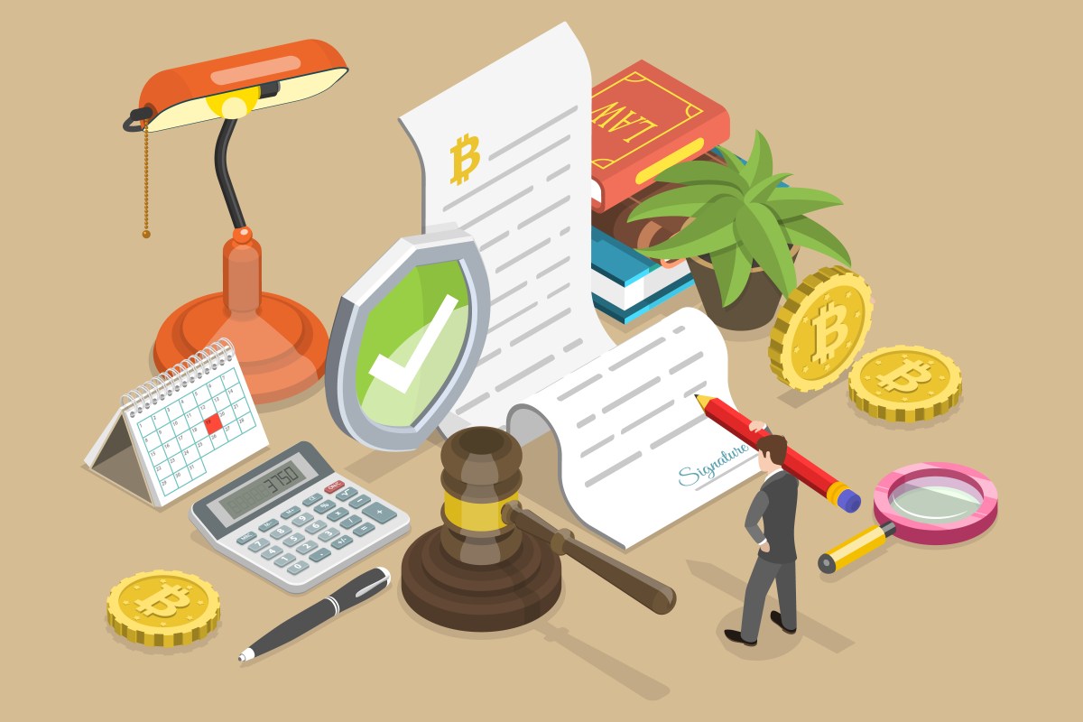 A lamp, a calculator, Bitcoin, a legal textbook, and a gavel to represent legal uncertainty in the crypto sphere.