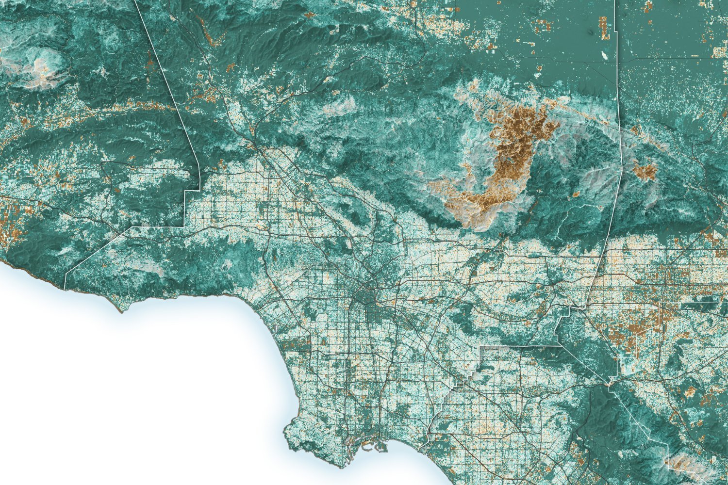 A map of LA County showing areas of vegetative buildup.