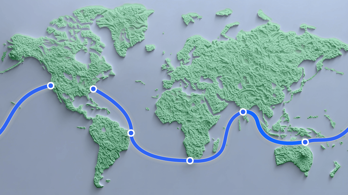 an image showing the subsea cable spanning the globe, going between the U.S., South Africa, India and much of the Asia region