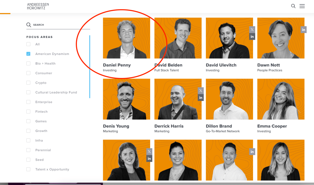 Andreessen Horowitz Daniel Penny team page