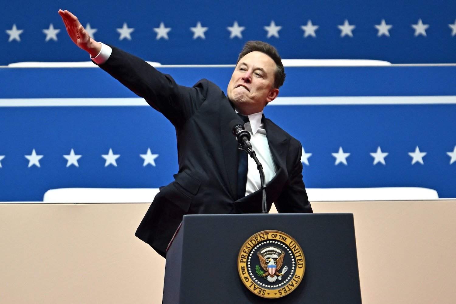 Elon Musk appears to give one of two Nazi salutes on Jan. 20, 2025.