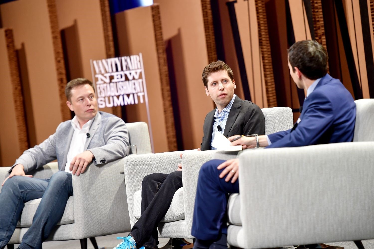 Elon Musk, left, and Sam Altman, center, during the "What Will They Think of Next? Talking About Innovation" event at the Vanity Fair New Establishment Summit at Yerba Buena Center for the Arts on October 6, 2015 in San Francisco, California.