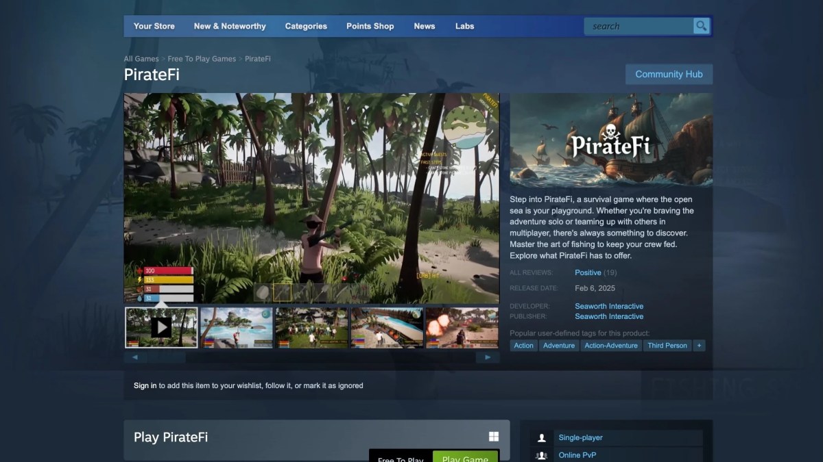 A screenshot of the PirateFi Steam page.