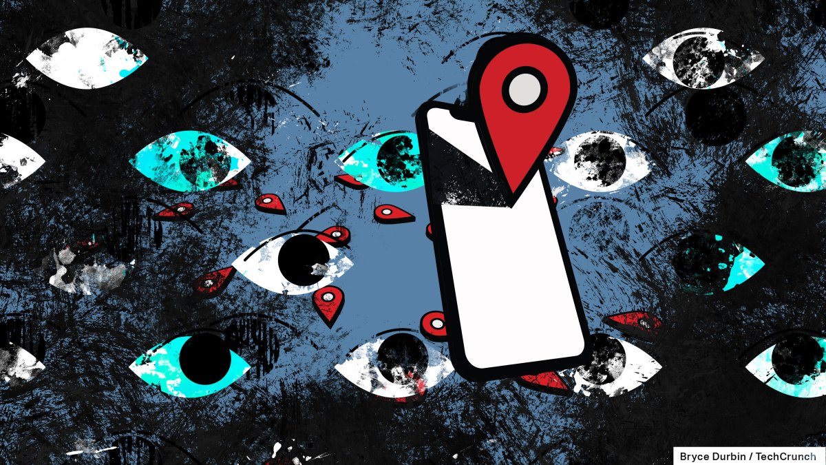 location pin on a mobile phone, background of eyes