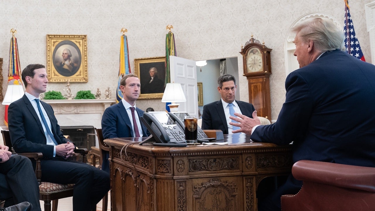 Jared Kushner, Facebook CEO Mark Zuckerberg, Joel Kaplan, and President Donald Trump meet in the Oval Office.