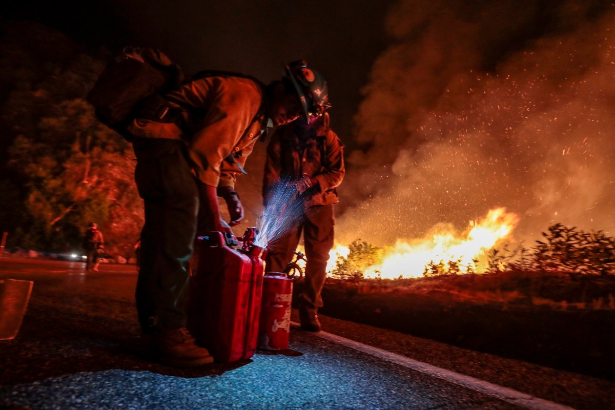 Blue Ridge Hot Shots crew members from Arizona join forces with California firefighters from Northern and Southern California on a backfire operation North of Mt. Wilson on Angeles Crest Highway.