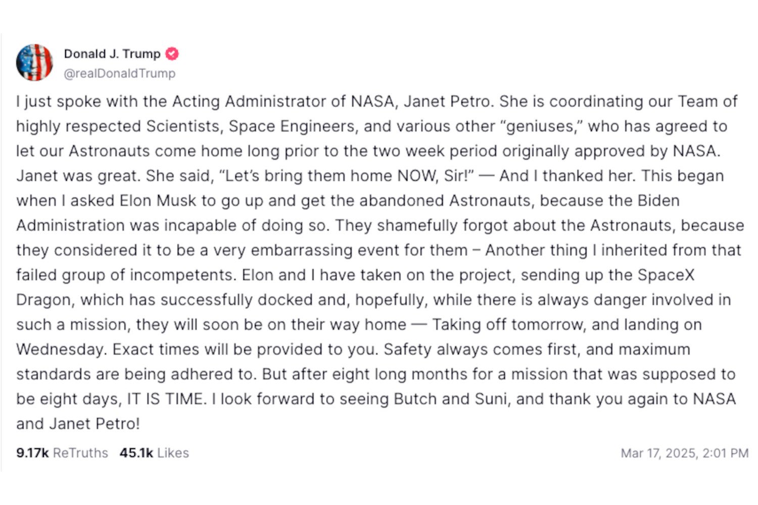 Trump Truth Social post from March 17, 2025.