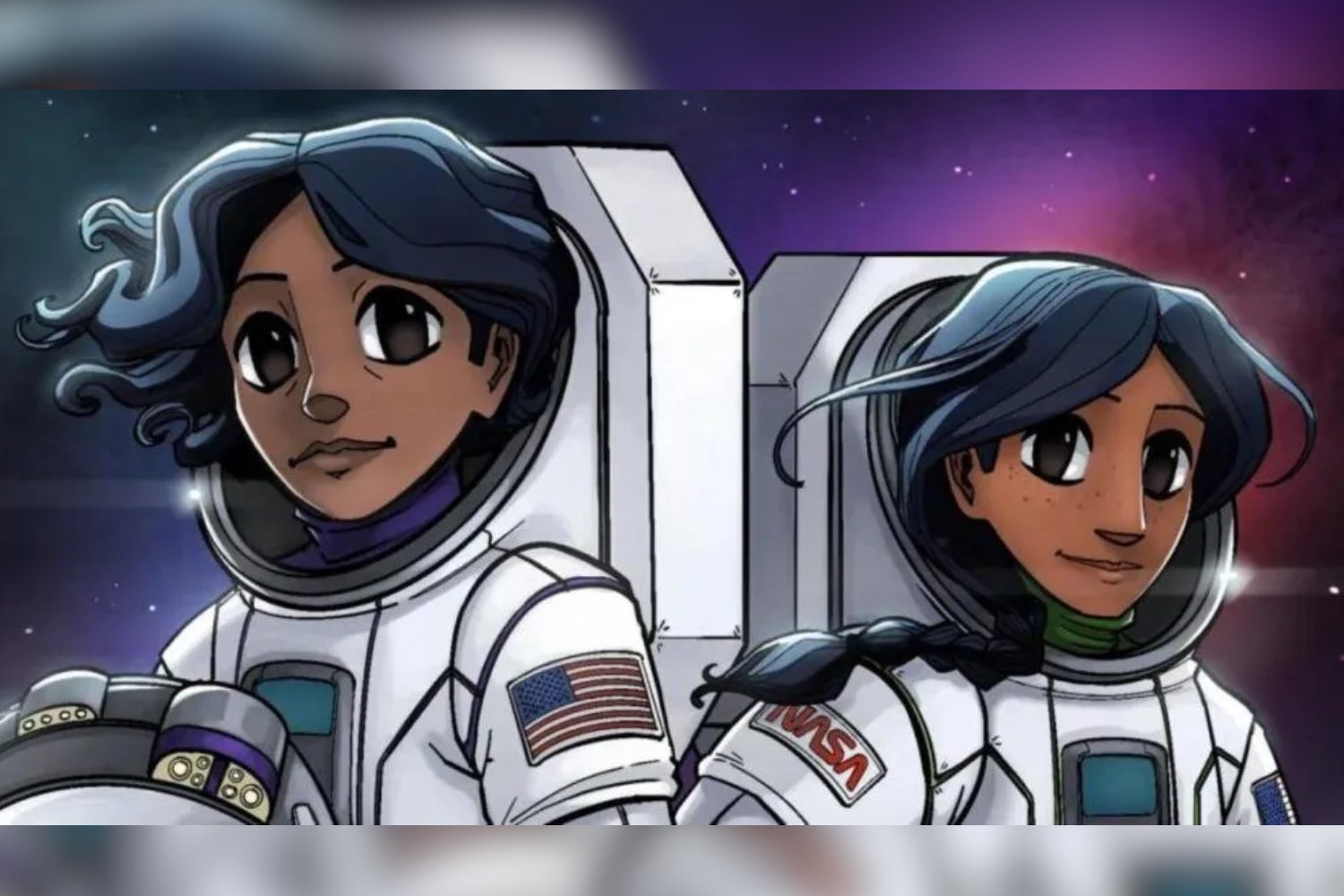 Characters Callie Rodriguez (left) and Meshaya Billy (right), astronauts in NASA's First Woman graphic novel.