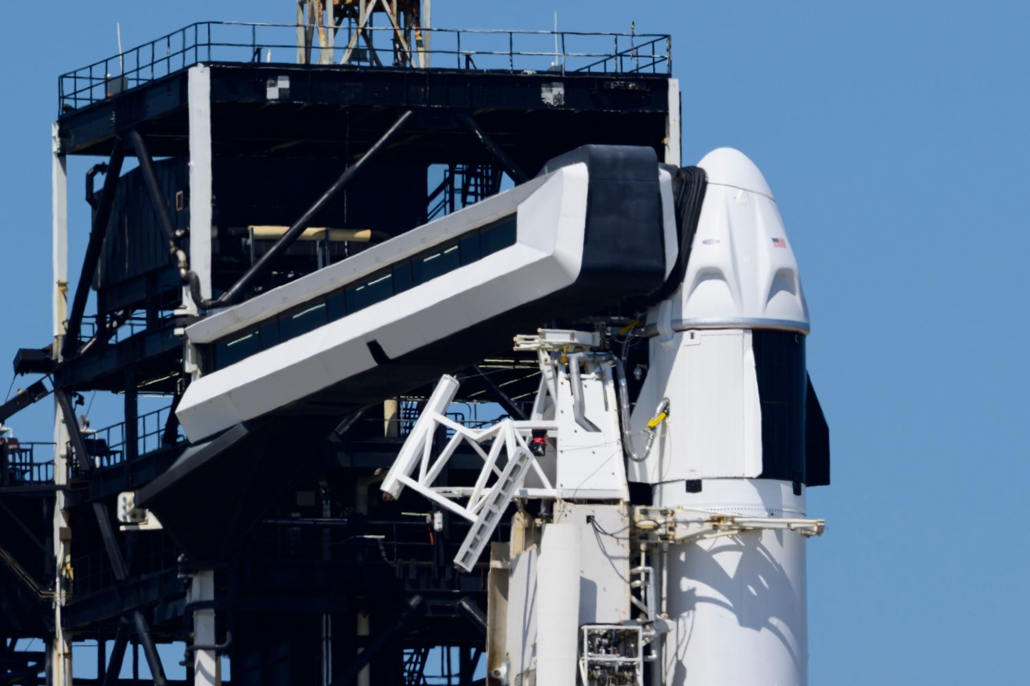 The Dragon crew vehicle on the launch mount ahead of the Fram2 mission.