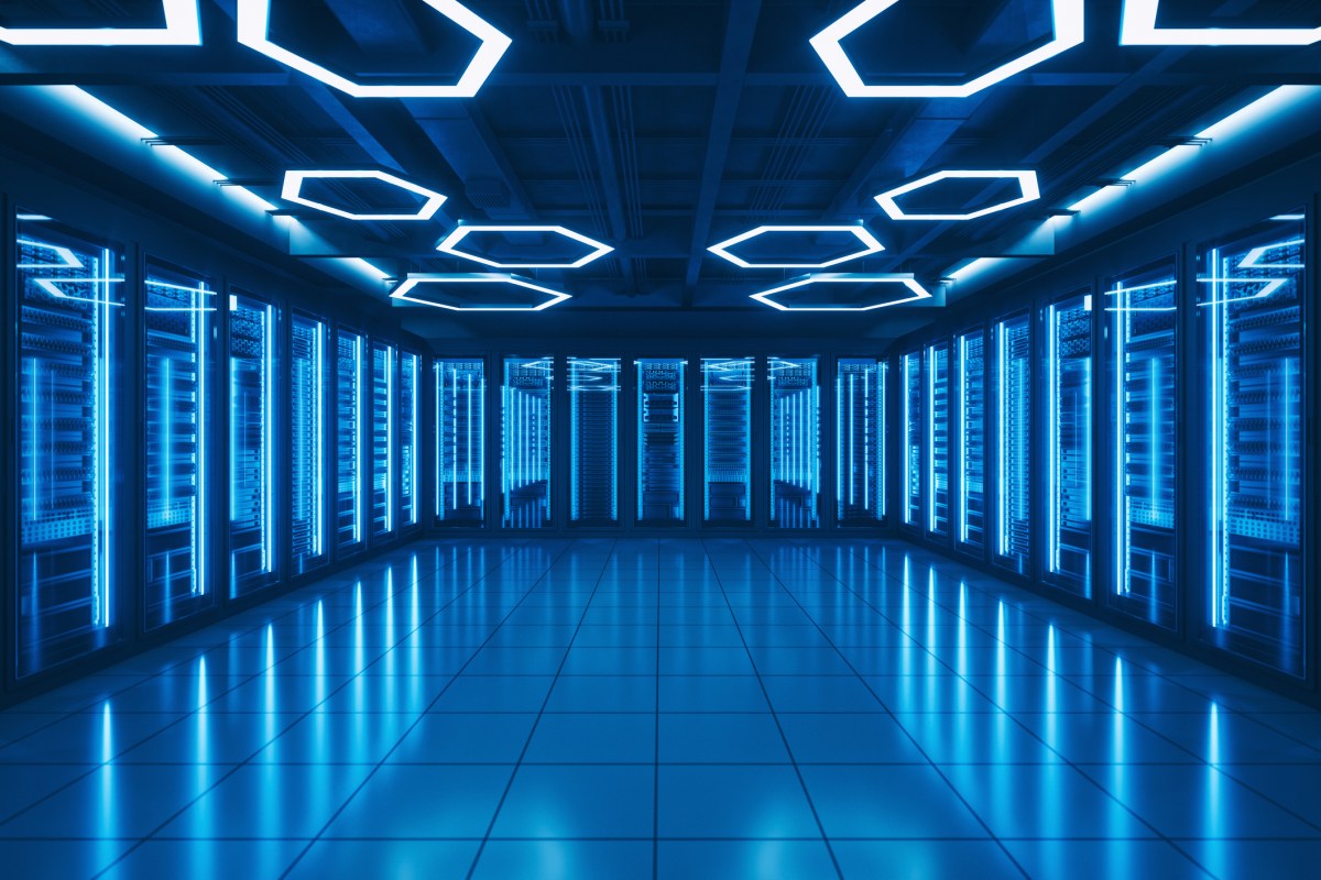Interior of a futuristic server room.