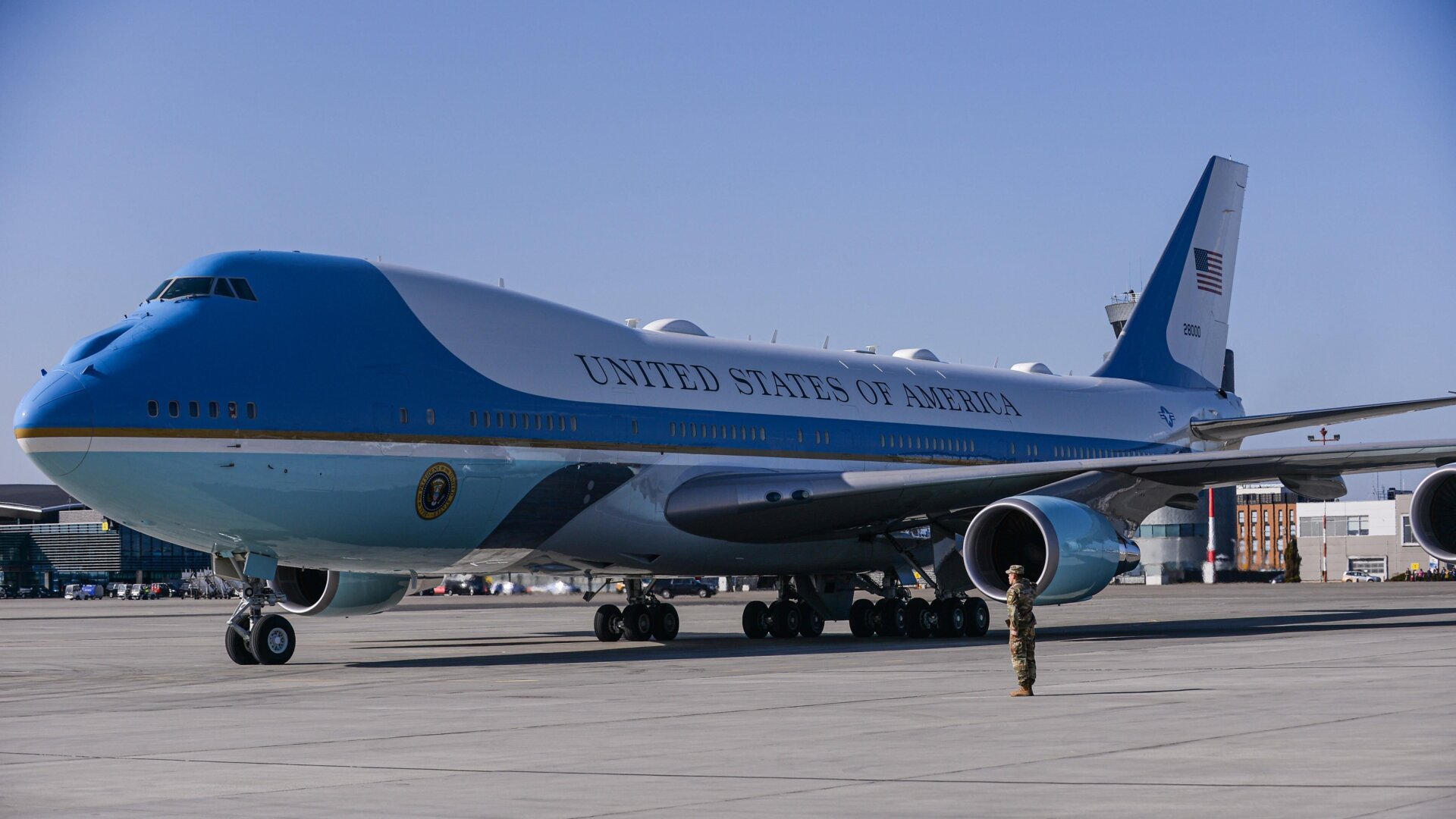 Air Force One parked on a tarmac