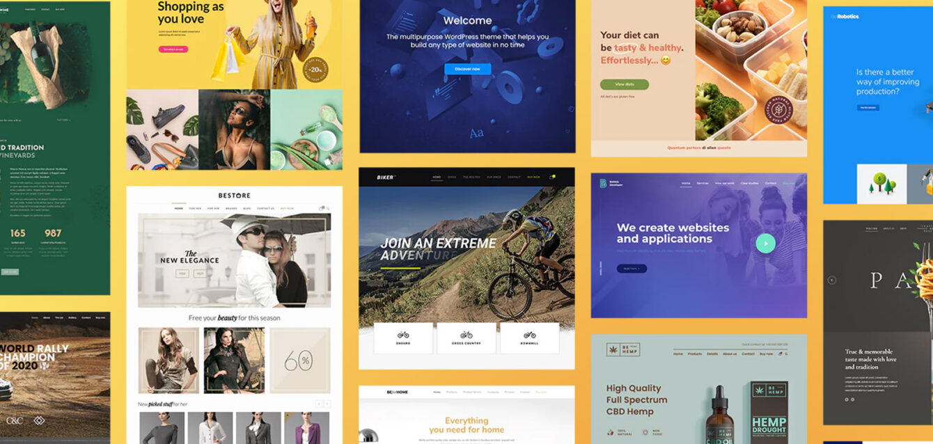 Collage of top WordPress themes for 2025 showcasing diverse design elements and layout styles.