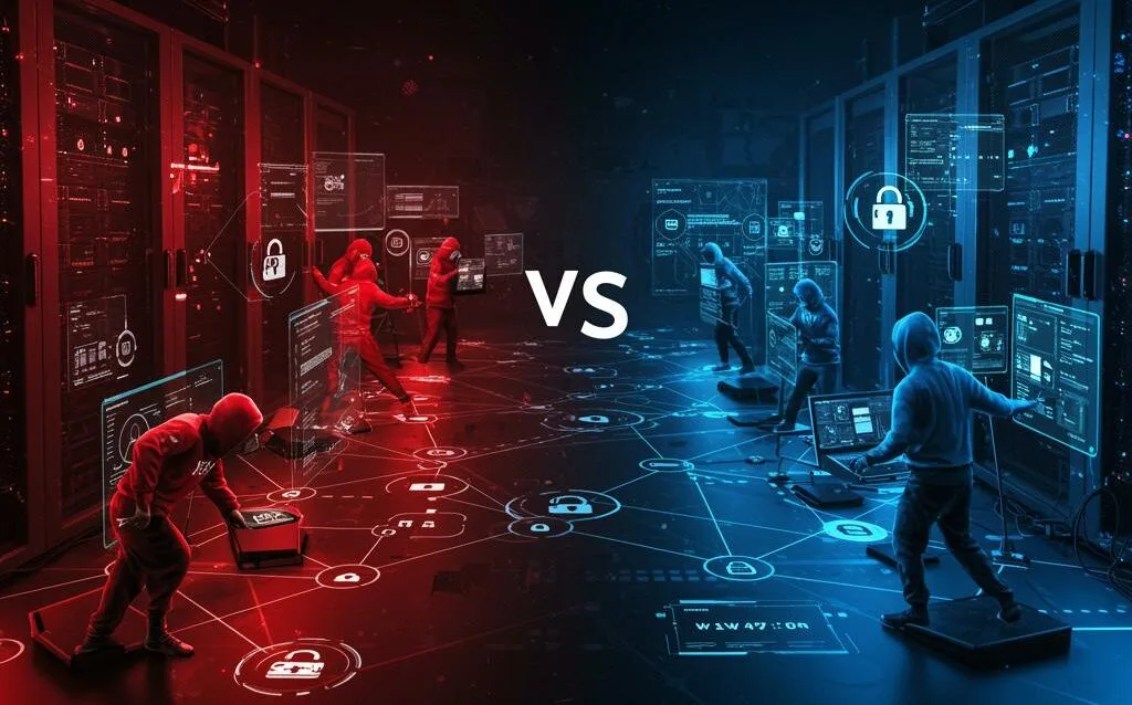 Create a featured image for a post about: Red Team vs. Blue Team Exercises: Setting Up Internal Security Testing