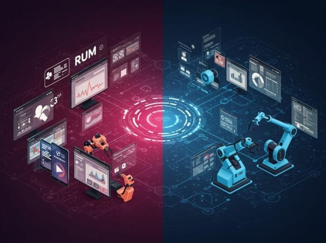 Create a featured image for a post about: RUM vs. Synthetic Monitoring: Creating a Comprehensive Web Performance Strategy