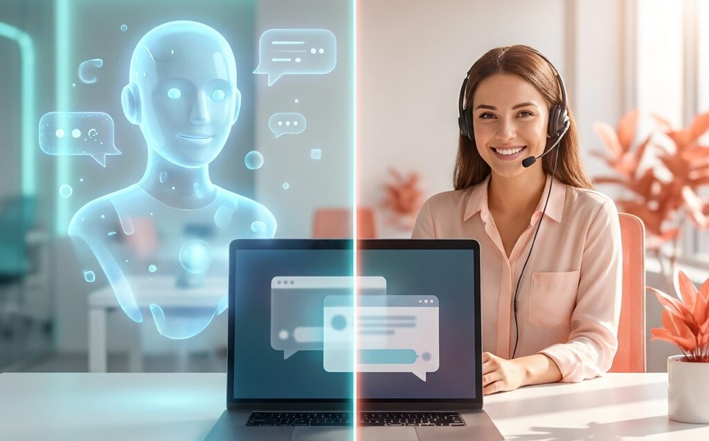 AI chatbot and human support agent side by side