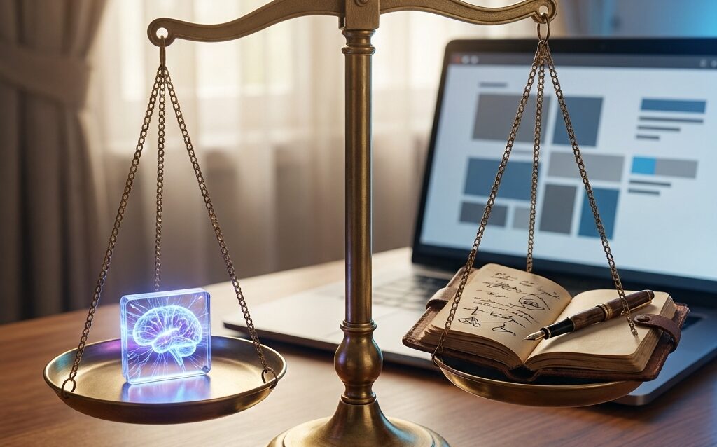 Balance scale weighing AI-written against human-written content