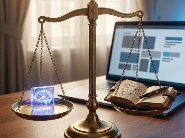 Balance scale weighing AI-written against human-written content