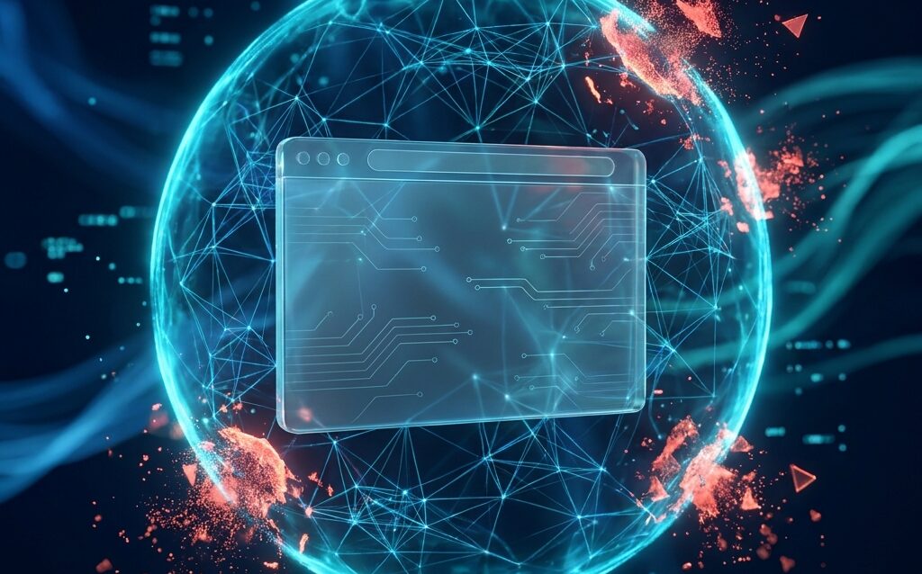 AI-powered shield protecting a website from cyber threats