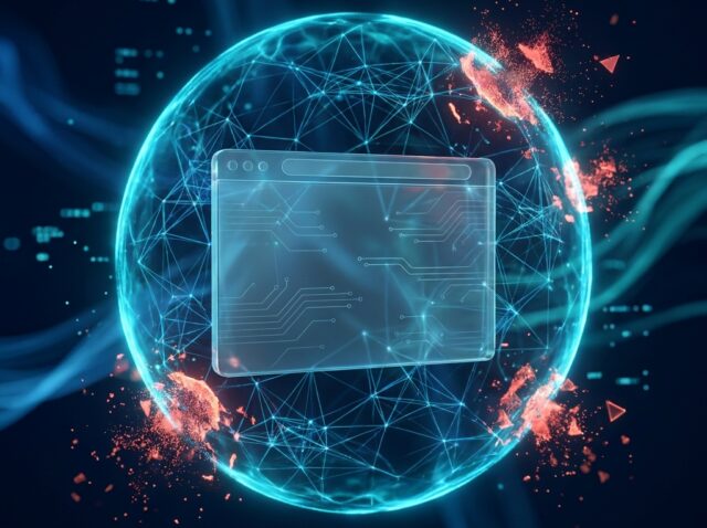 AI-powered shield protecting a website from cyber threats