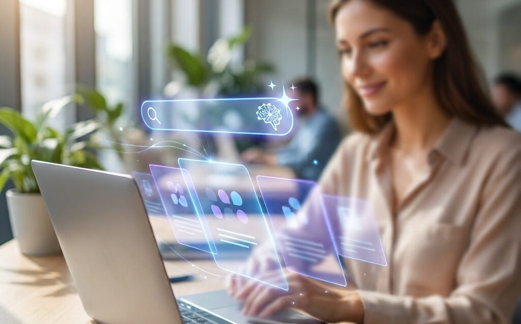 Woman using AI-powered website search on a laptop