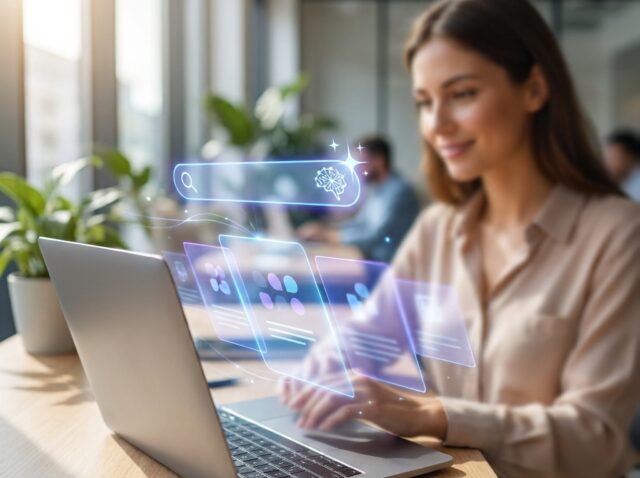 Woman using AI-powered website search on a laptop