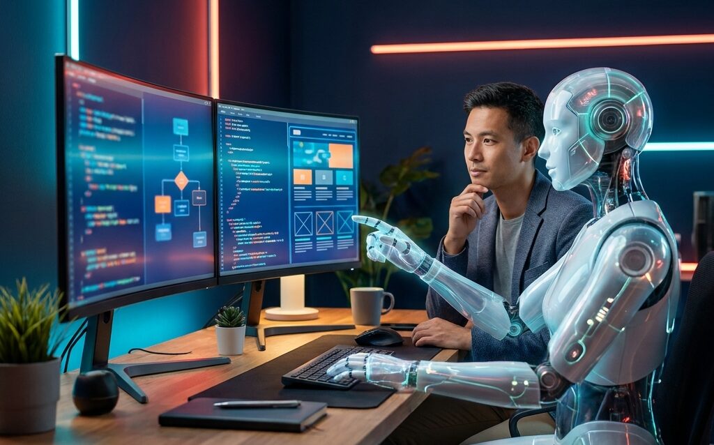 Web developer and AI robot working together at a desk