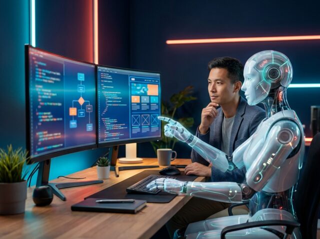 Web developer and AI robot working together at a desk