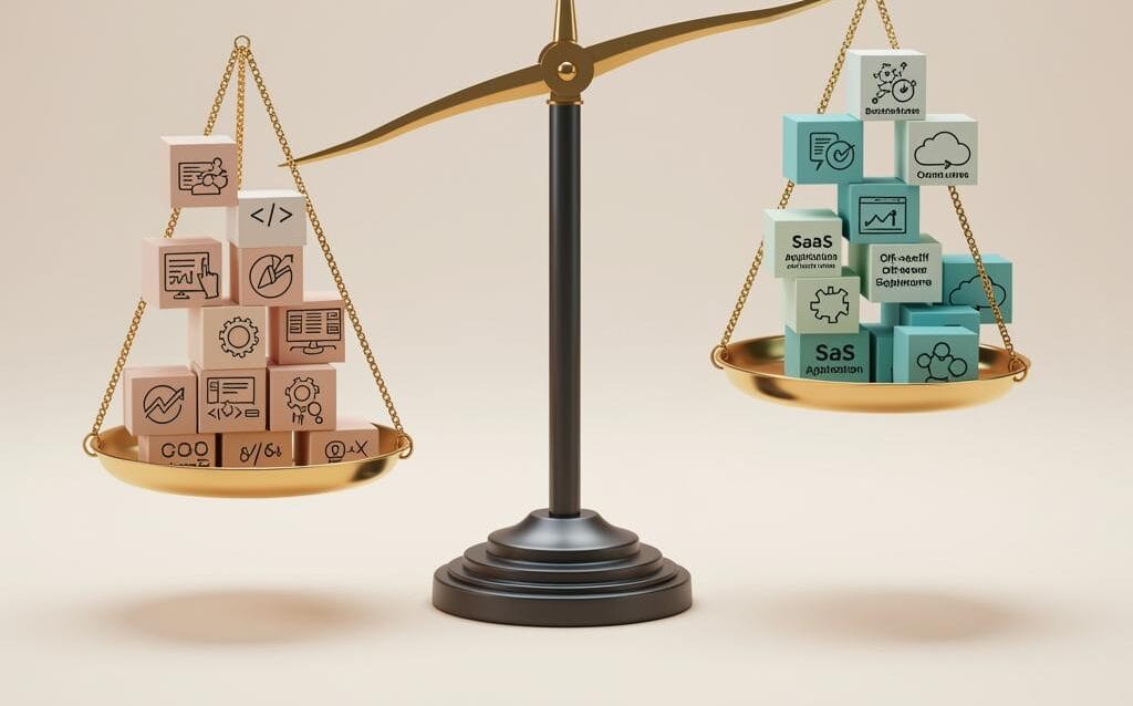 Create a featured image for a post about: Build vs. Buy Decision Framework for Business Applications