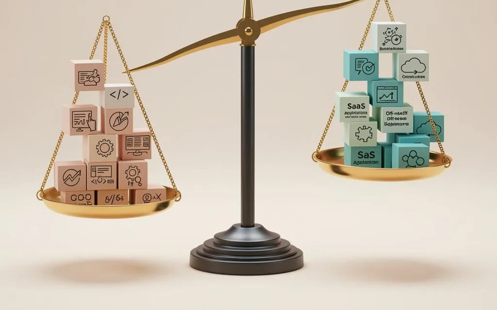 Create a featured image for a post about: Build vs. Buy Decision Framework for Business Applications