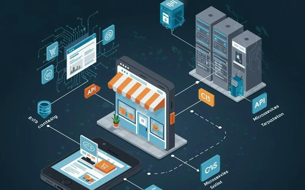 Create a featured image for a post about: Headless E-commerce Architecture: Benefits and Implementation Challenges