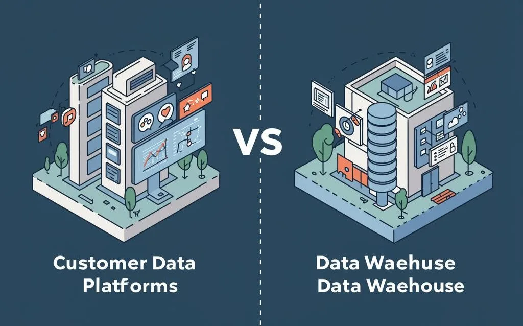 Create a featured image for a post about: Customer Data Platforms vs. Data Warehouses: Strategic Differences