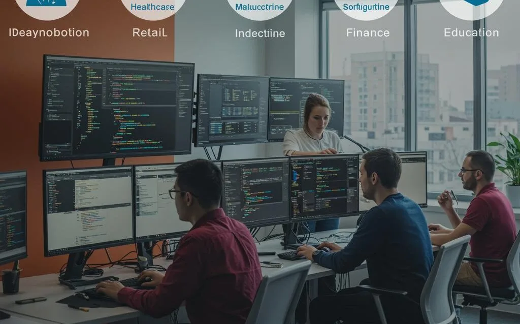 Create a featured image for a post about: Top 5 Industries That Benefit Most from Custom Software Development